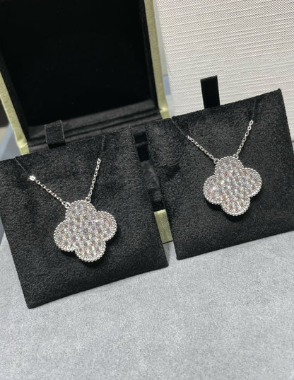 [AuraEcho]CLOVER 25MM LARGE PENDANT DIAMOND PAVED SILVER NECKLACE