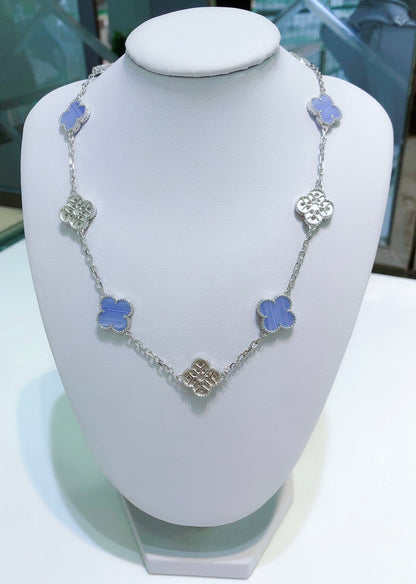 [AuraEcho]CLOVER 10 MOTIFS CHALCEDONY DIAMONDS SILVER NECKLACE